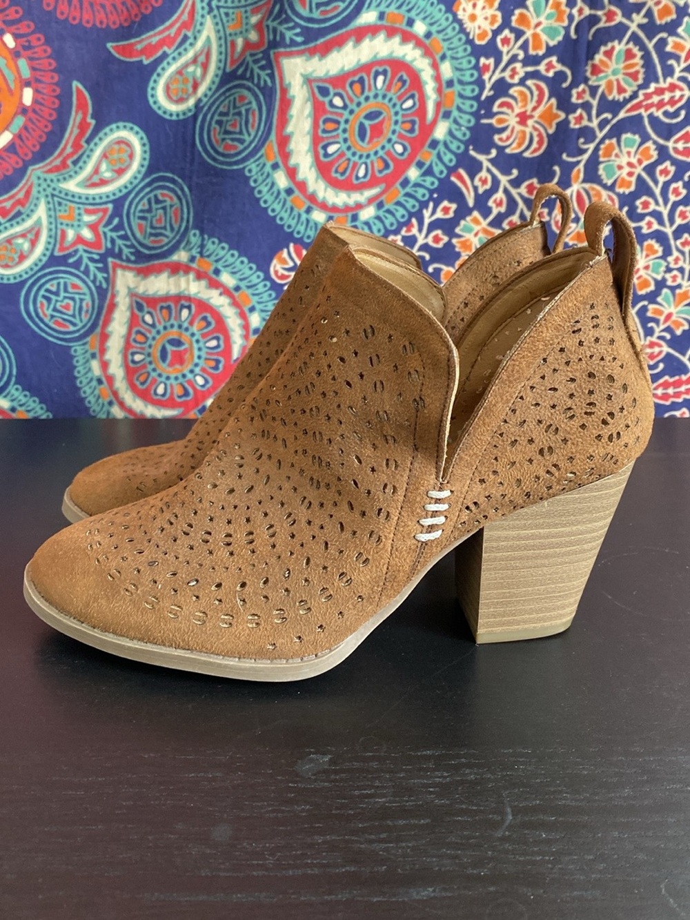Francesca's Collections Tan Suede Perforated Block Heel Booties
